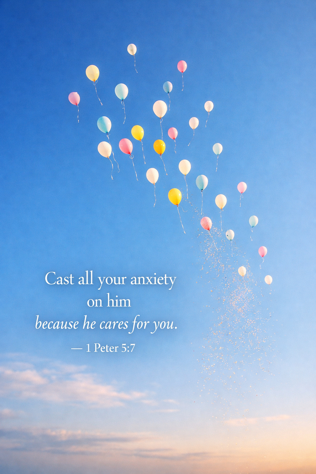 1 Peter 5:7 Bible verse phone wallpaper - Cast all your anxiety on him because he cares for you - colorful balloons rising into blue sky